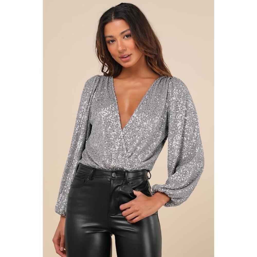 Lulus Evening Of Wonder Grey Sequin Long Sleeve Bodysuit - Size XL